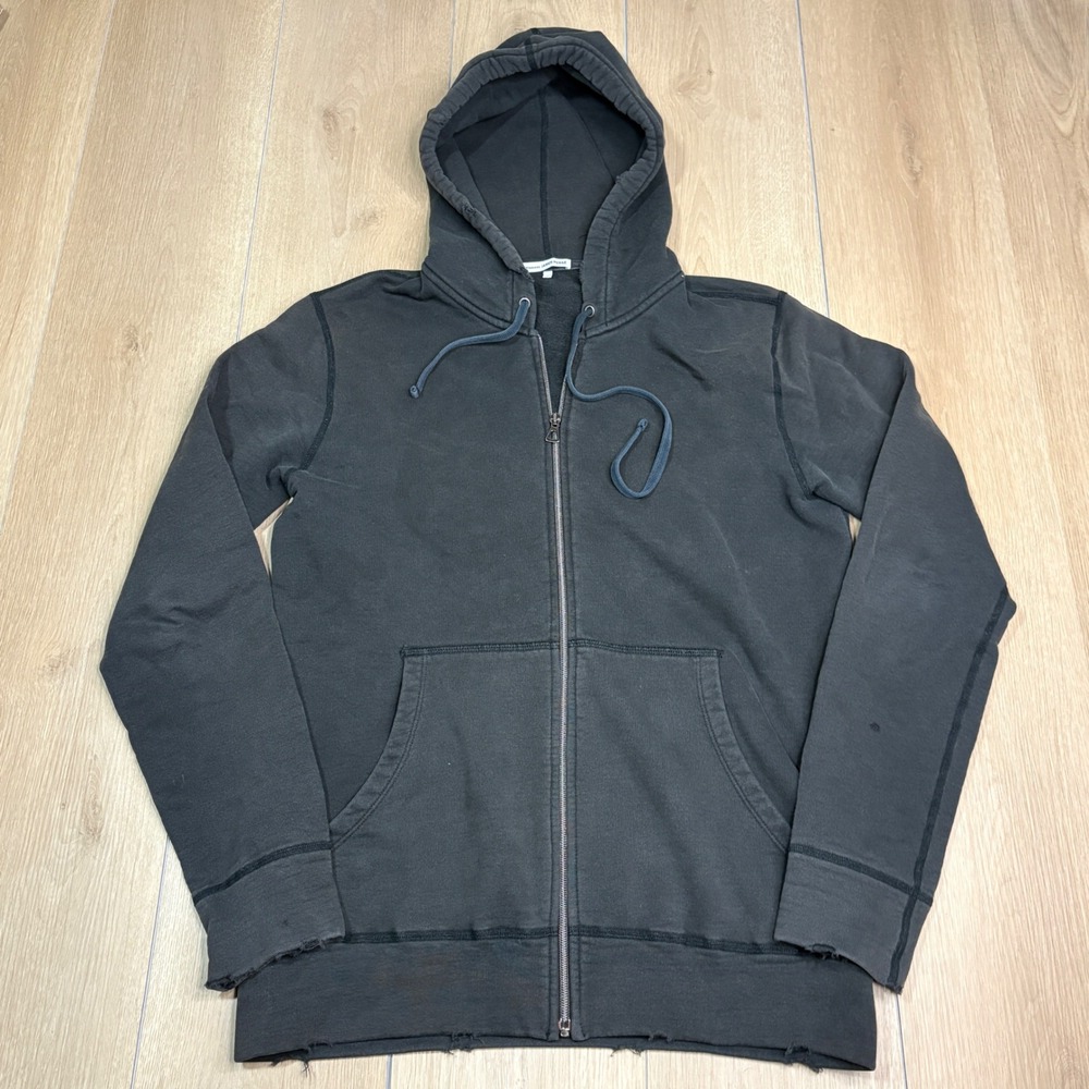James Perse Standard Zip Up Hoodie Faded Black Distressed Terry Mens 1 Medium